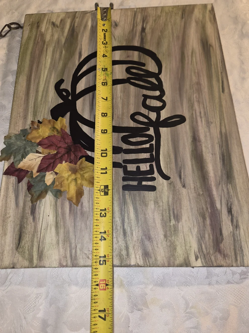 Hello Fall Pumpkin Wall Sign in Black and Autumn Leaf Colors